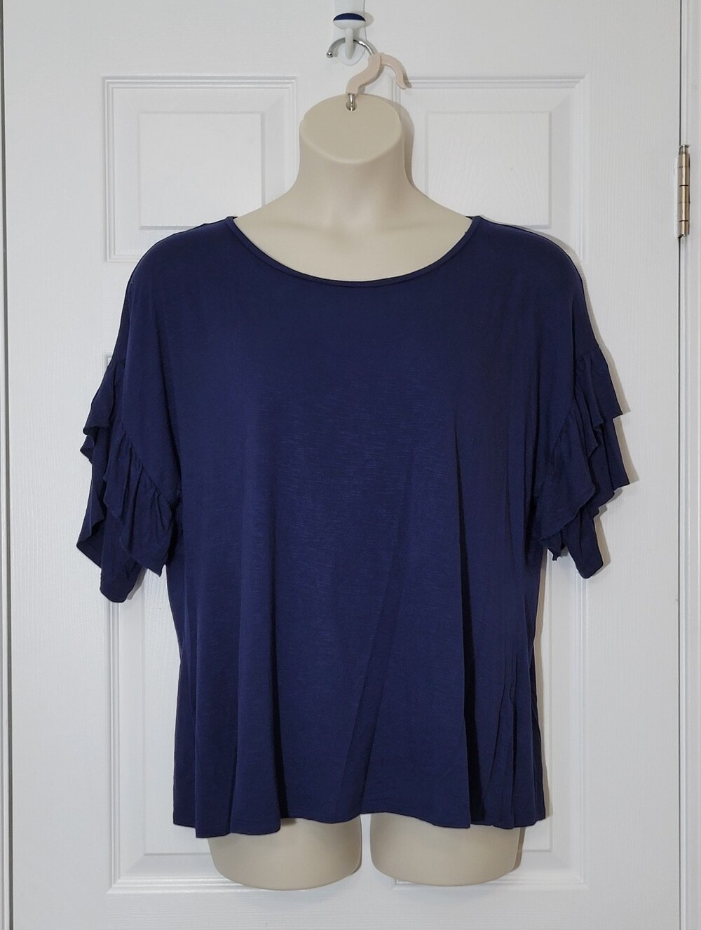 Westport 2X Navy Blue Short Ruffle Sleeve Top Scoop Neck T-Shirt Blouse